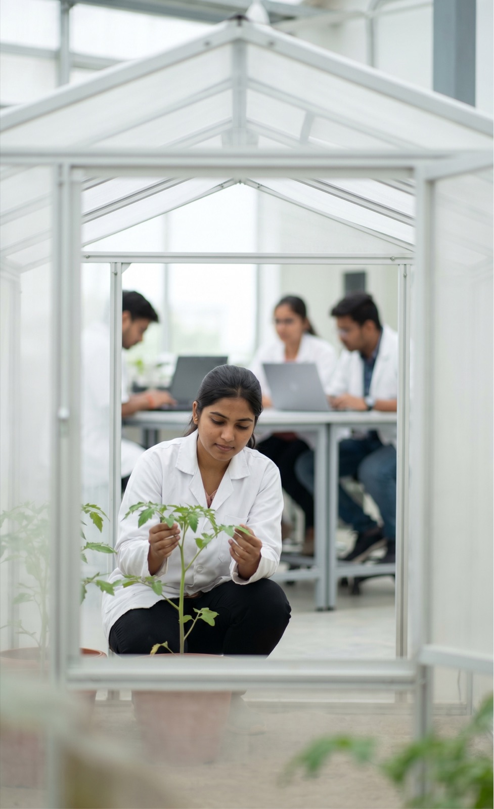 Agriculture student in a greenhouse