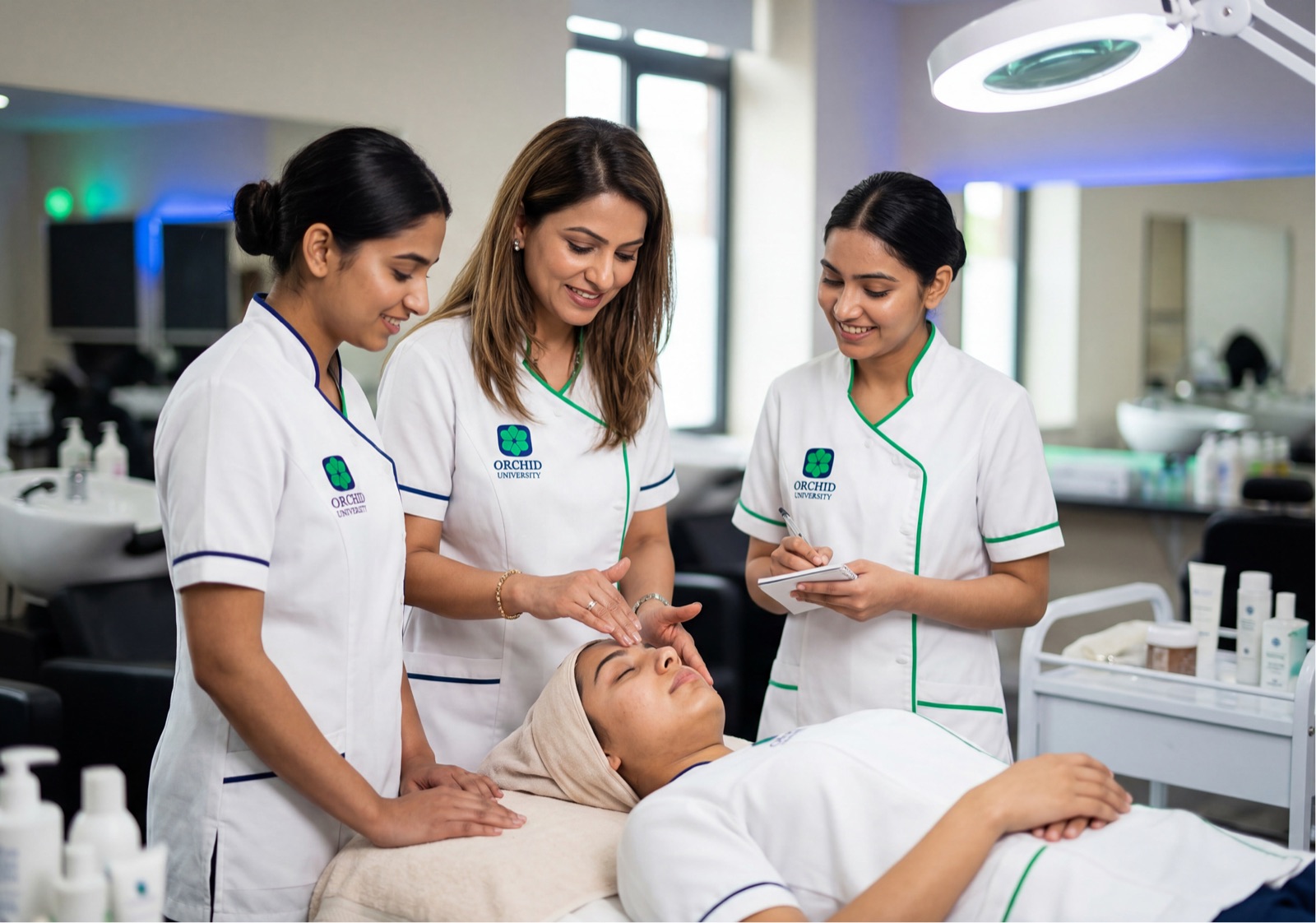 Beauty and wellness students with an instructor