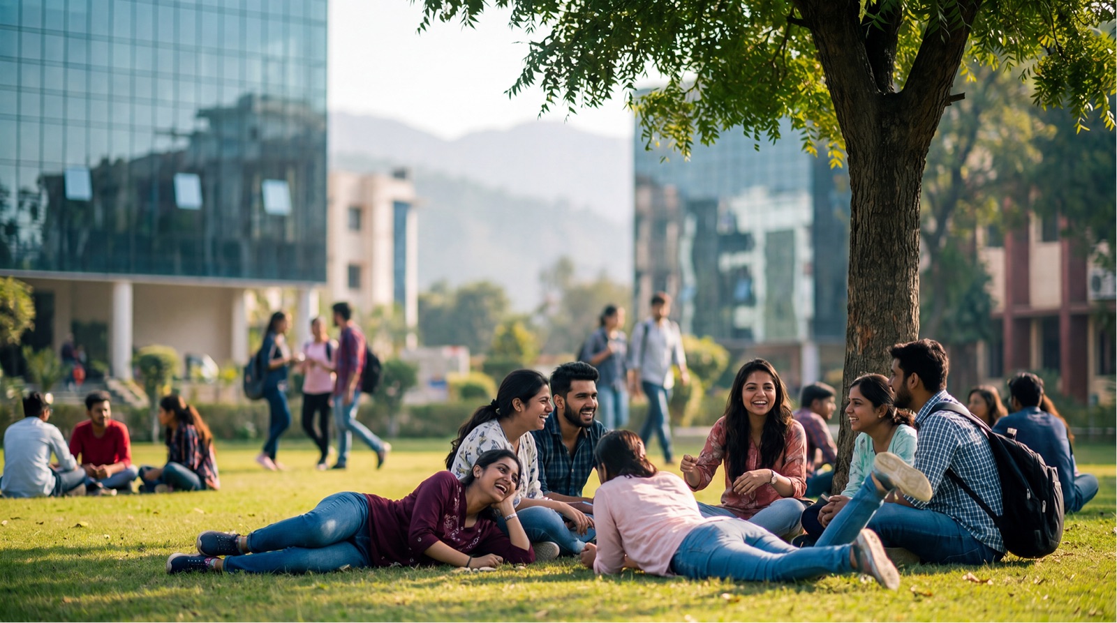 Students relaxing on the Orchid campus lawn