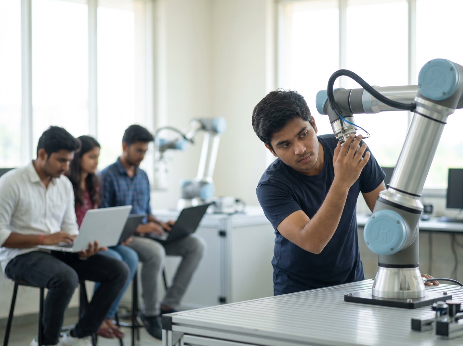 Students working with a robotic arm